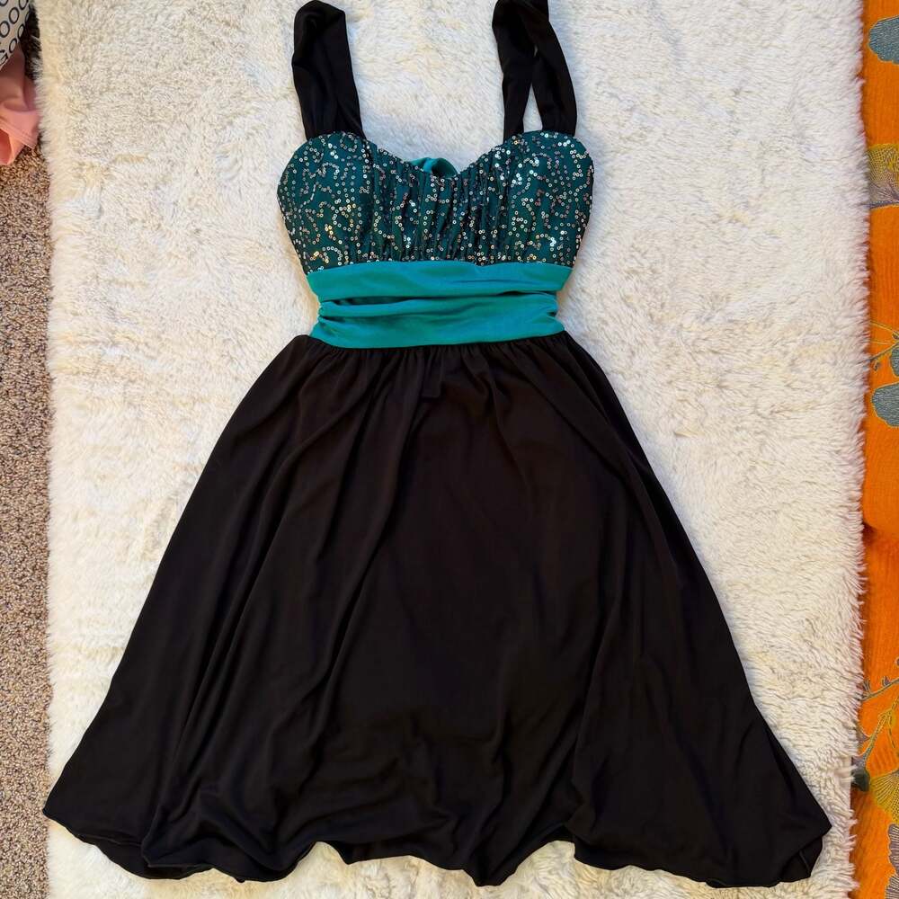 BCX Women's Black and Teal Sequin Bodice Babydoll Dress